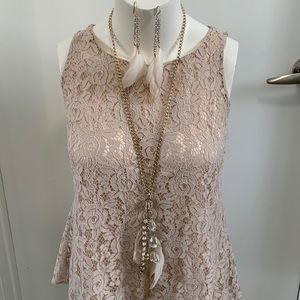 Aldo long gold, feather and rhinestone set